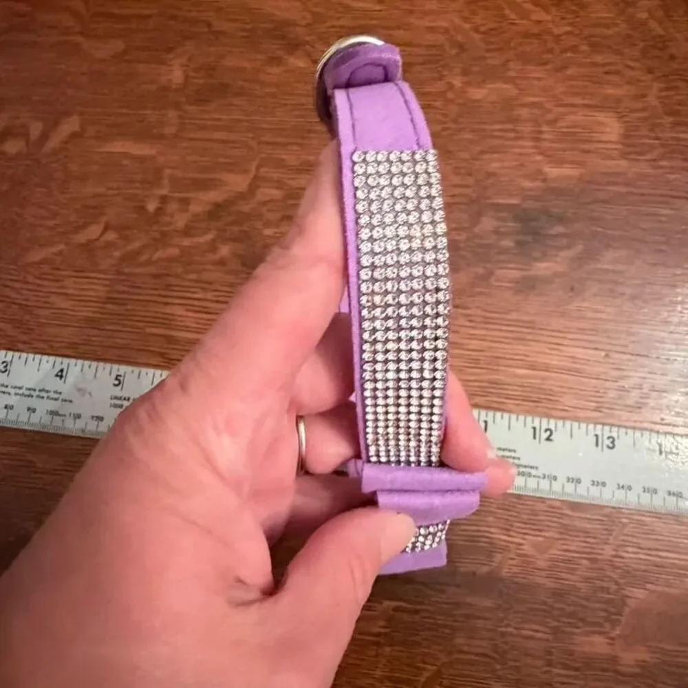 Purple Suede Rhinestone Bow Dog Collar Bling Crystal Pet Collar Medium
